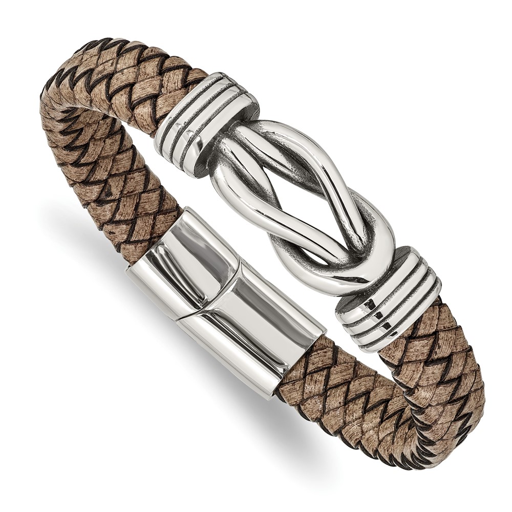 Stainless Steel Antiqued and Polished Tan Leather 8 inch Bracelet