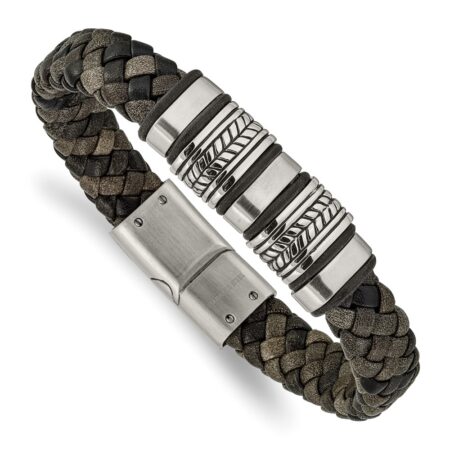 Stainless Steel Antiqued Brushed & Polished Leather w/Silicone Bracelet