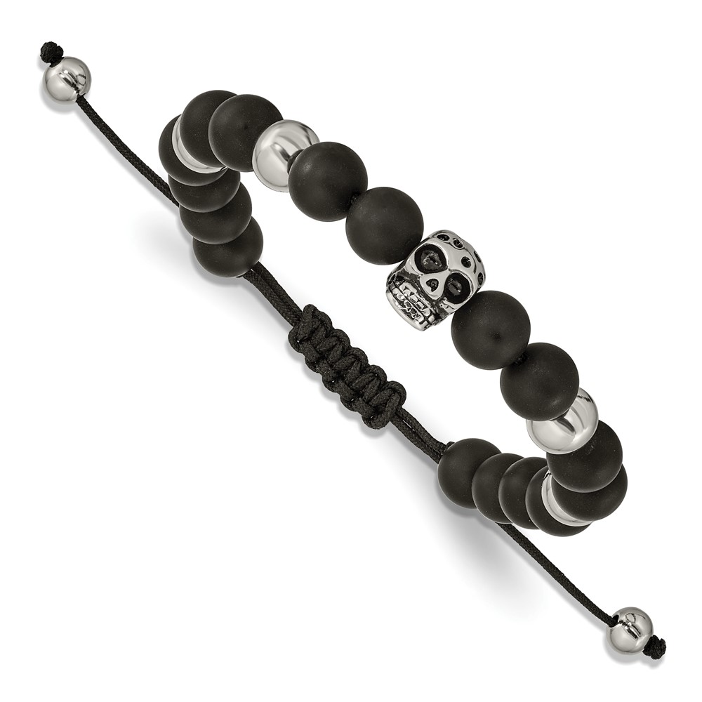 Stainless Steel Polished Black Onyx Beaded Skull Adj. Bracelet