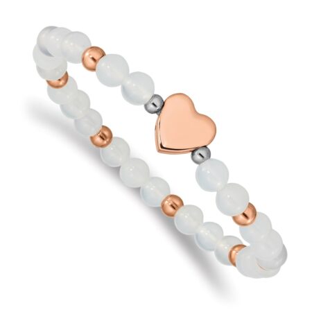Stainless Steel Polished Rose IP-plated Heart White Agate Stretch Bracelet