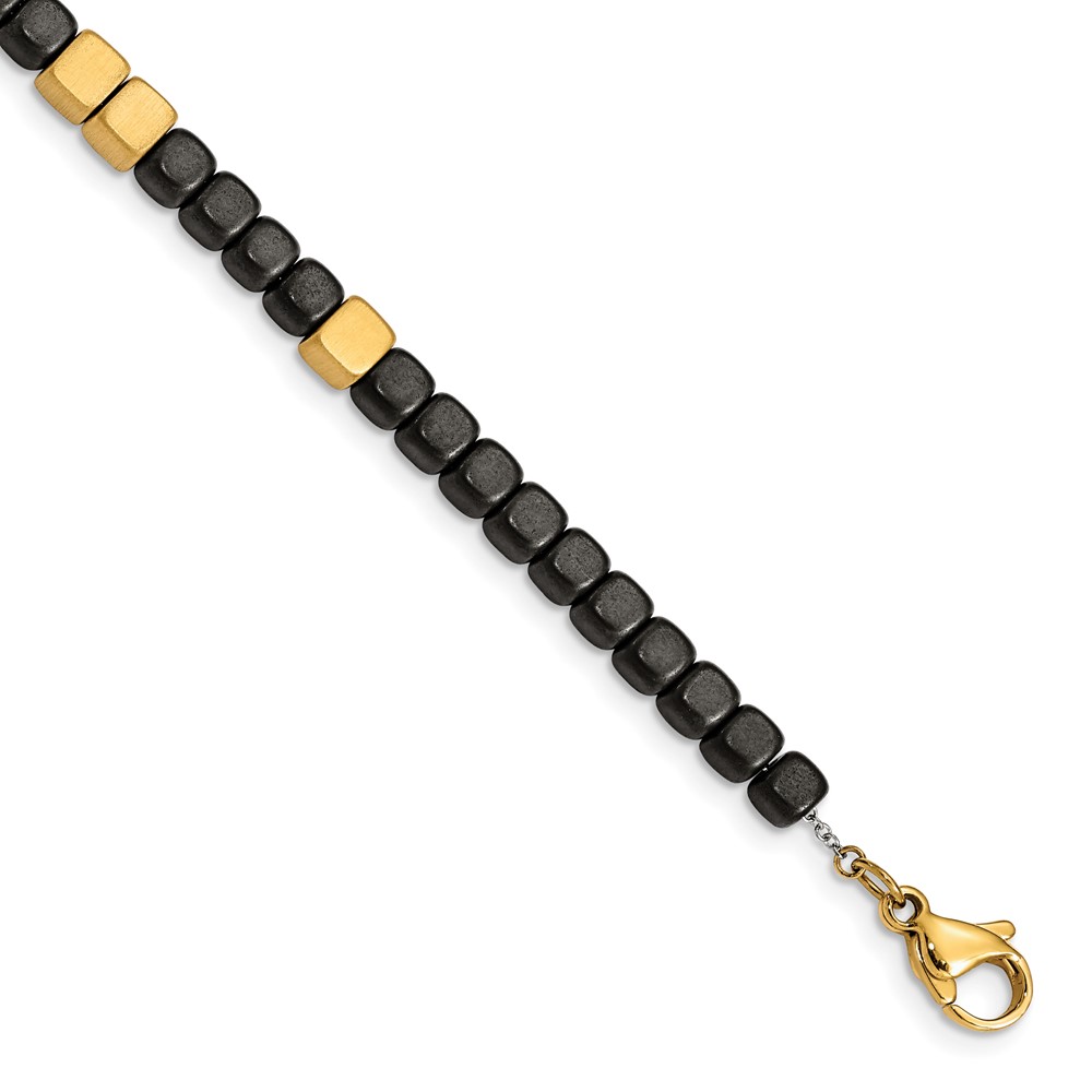 Stainless Steel Brushed Yellow IP w/Hematite 7in w/1.25in ext Bracelet