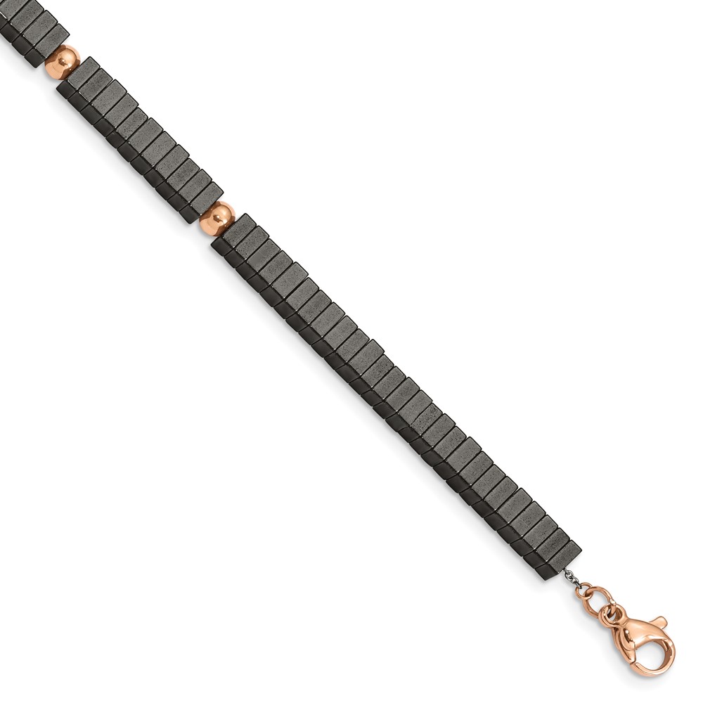 Stainless Steel Polished Rose IP w/Hematite 7in w/1.25in ext. Bracelet
