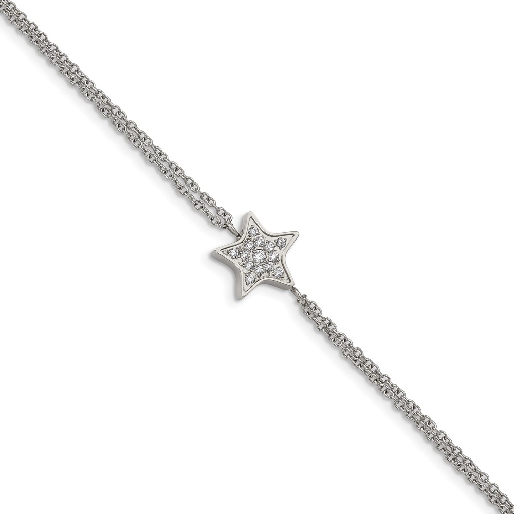Stainless Steel Polished with CZ Star 6.25in w/2in ext. Bracelet