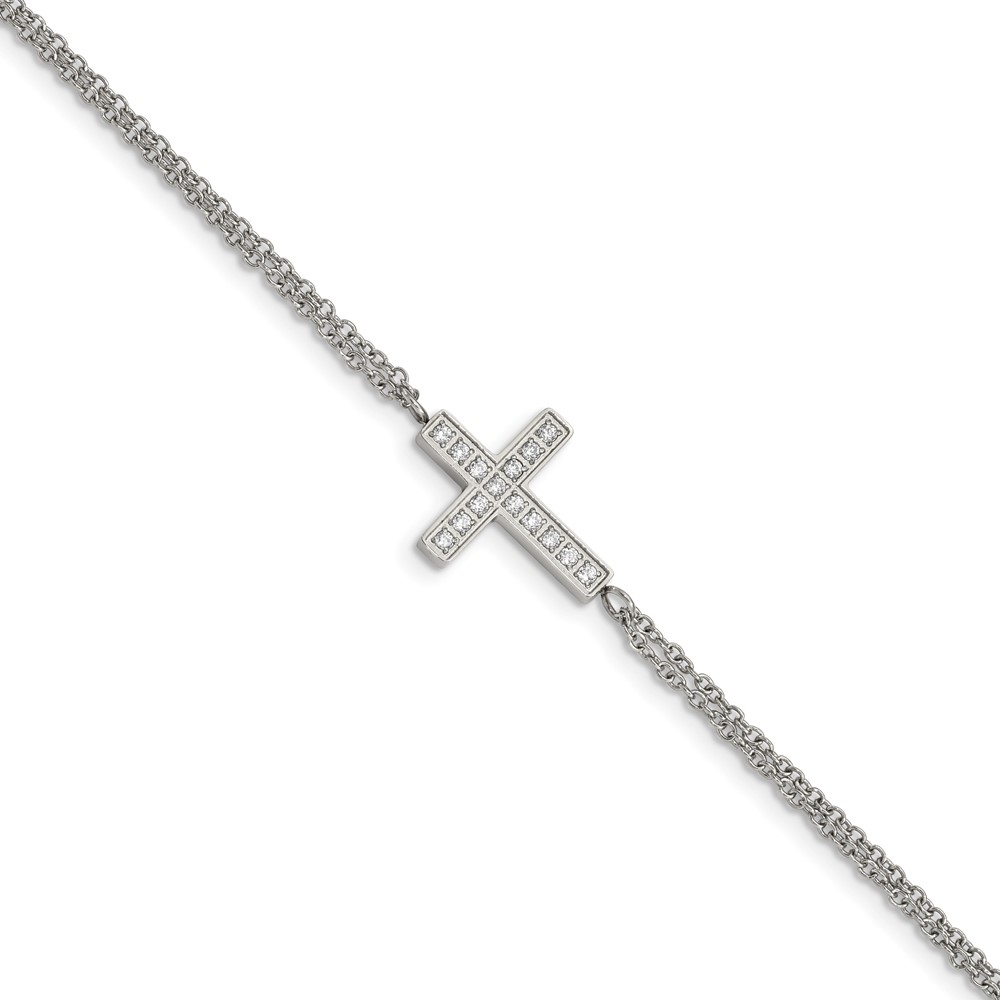 Stainless Steel Polished w/CZ Cross 6.25in w/2in ext. Bracelet