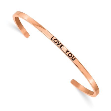 Stainless Steel Polished Rose IP Enamel/Crystal LOVE YOU 3mm Cuff Bangle