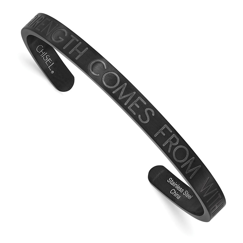 Stainless Steel Brushed Black IP-plated STRENGTH COMES… 6mm Cuff Bangle