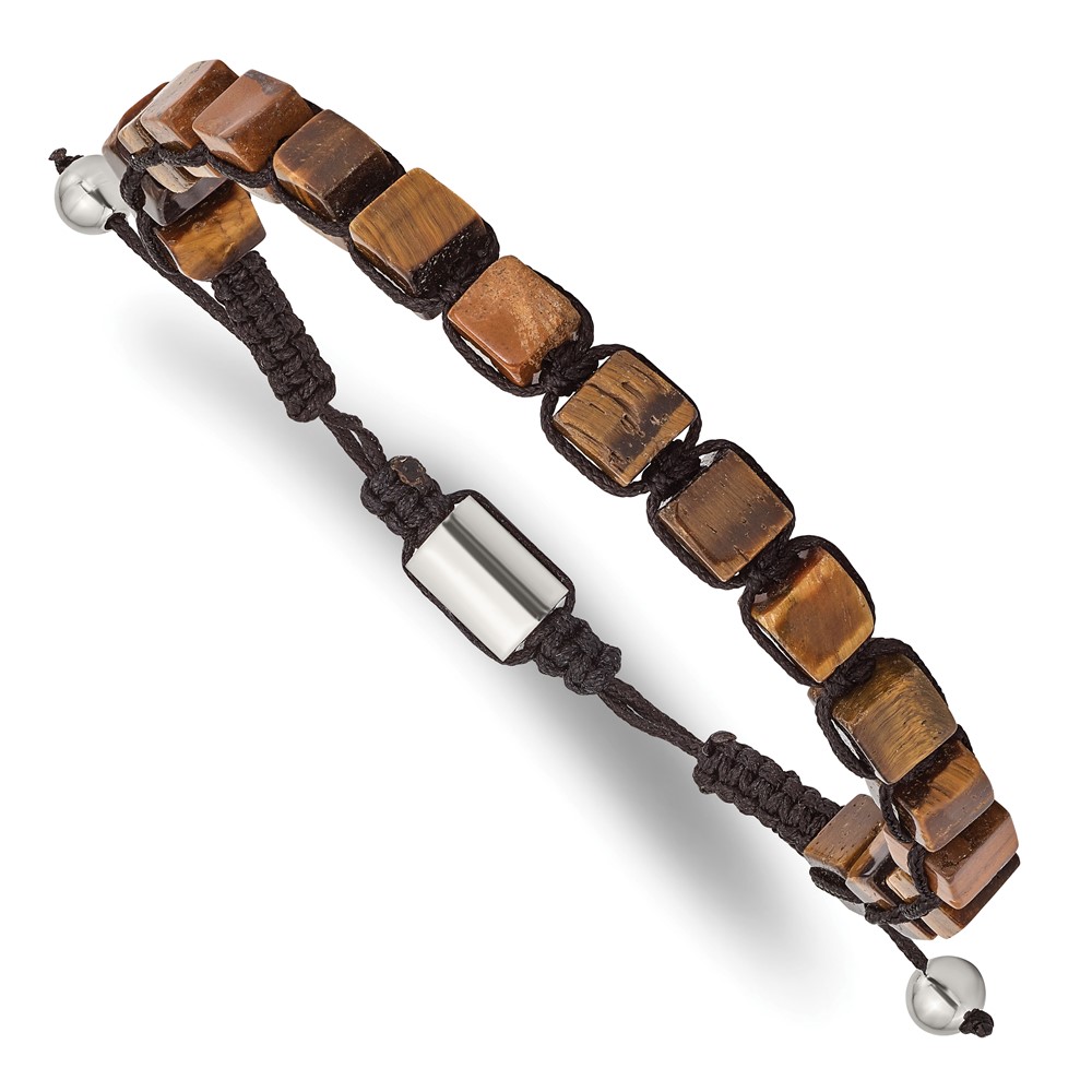 Stainless Steel Polished with Tiger's Eye Macrame Adjustable Bracelet