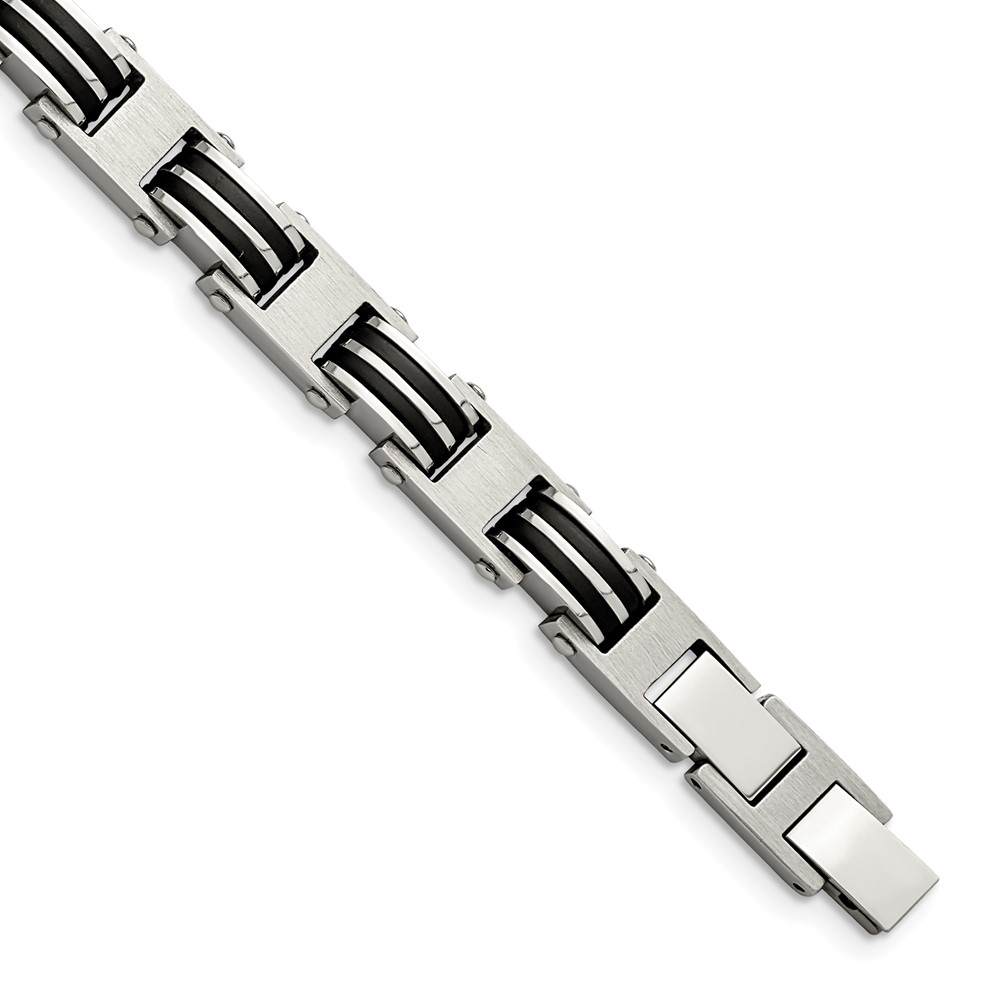 Stainless Steel Brushed & Polished w/Blk Rubber 7.75in w/.5in ext. Bracelet