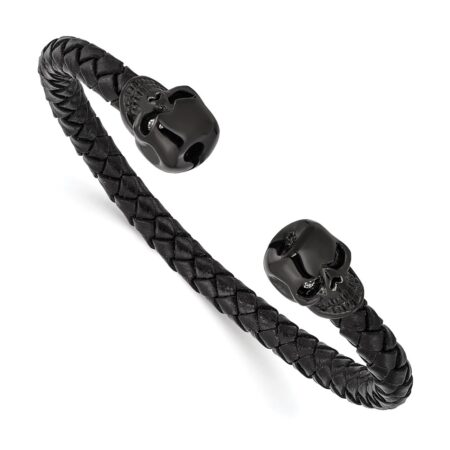 Stainless Steel Polished Black IP-plated Crystal Skull Leather Cuff Bangle
