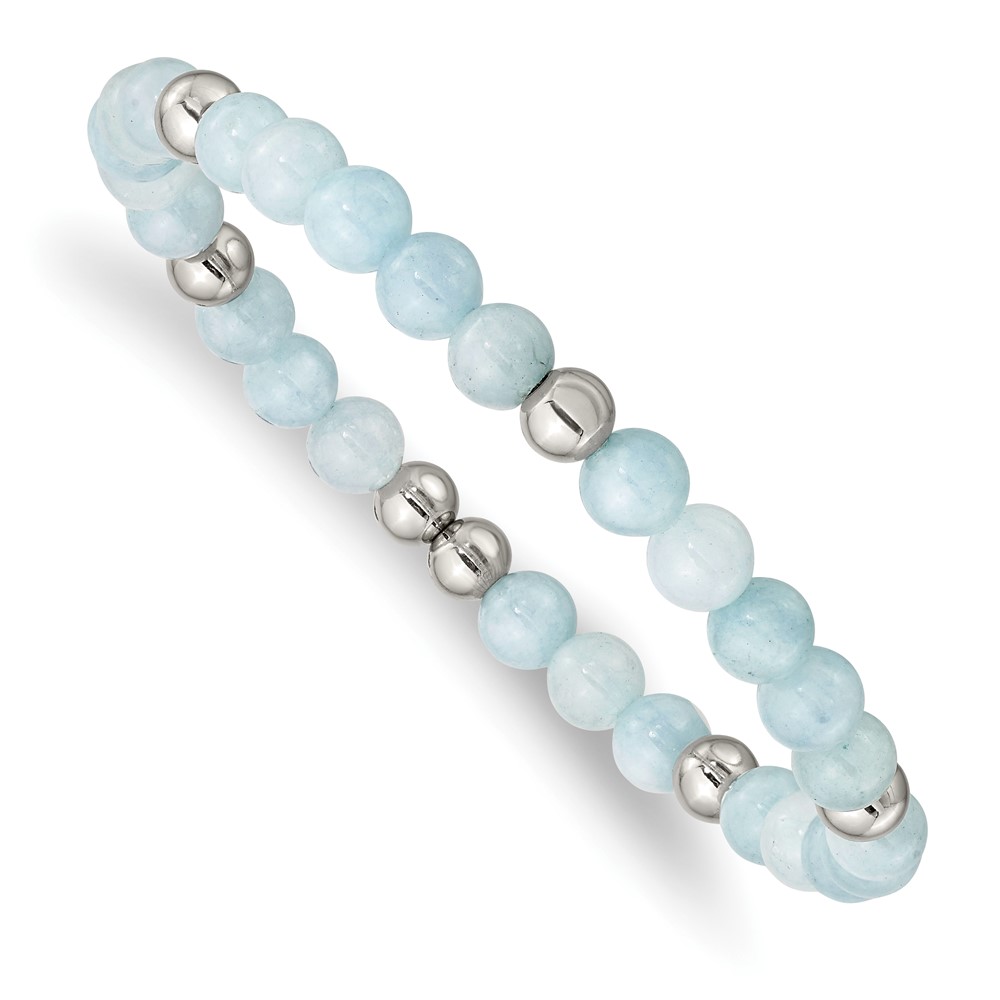 Stainless Steel Polished Light Blue Quartz Beaded Stretch Bracelet
