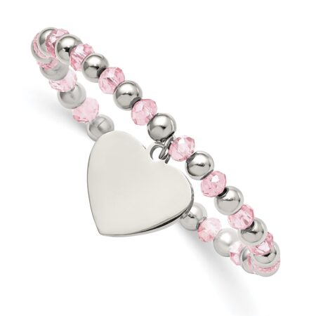 Stainless Steel Polished w/Pink Glass Beads Heart Dangle Stretch Bracelet