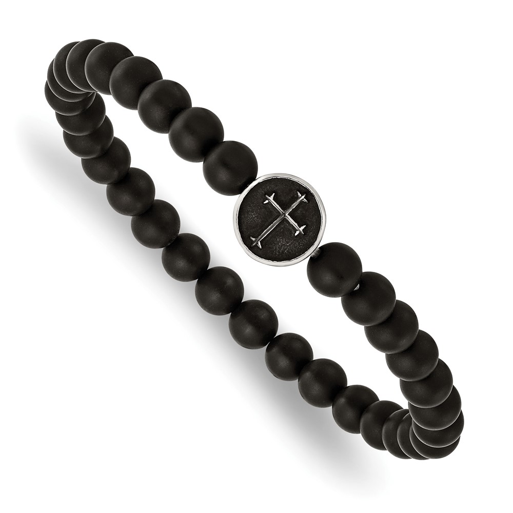 Stainless Steel Antiqued & Polished Black Agate Cross Stretch Bracelet
