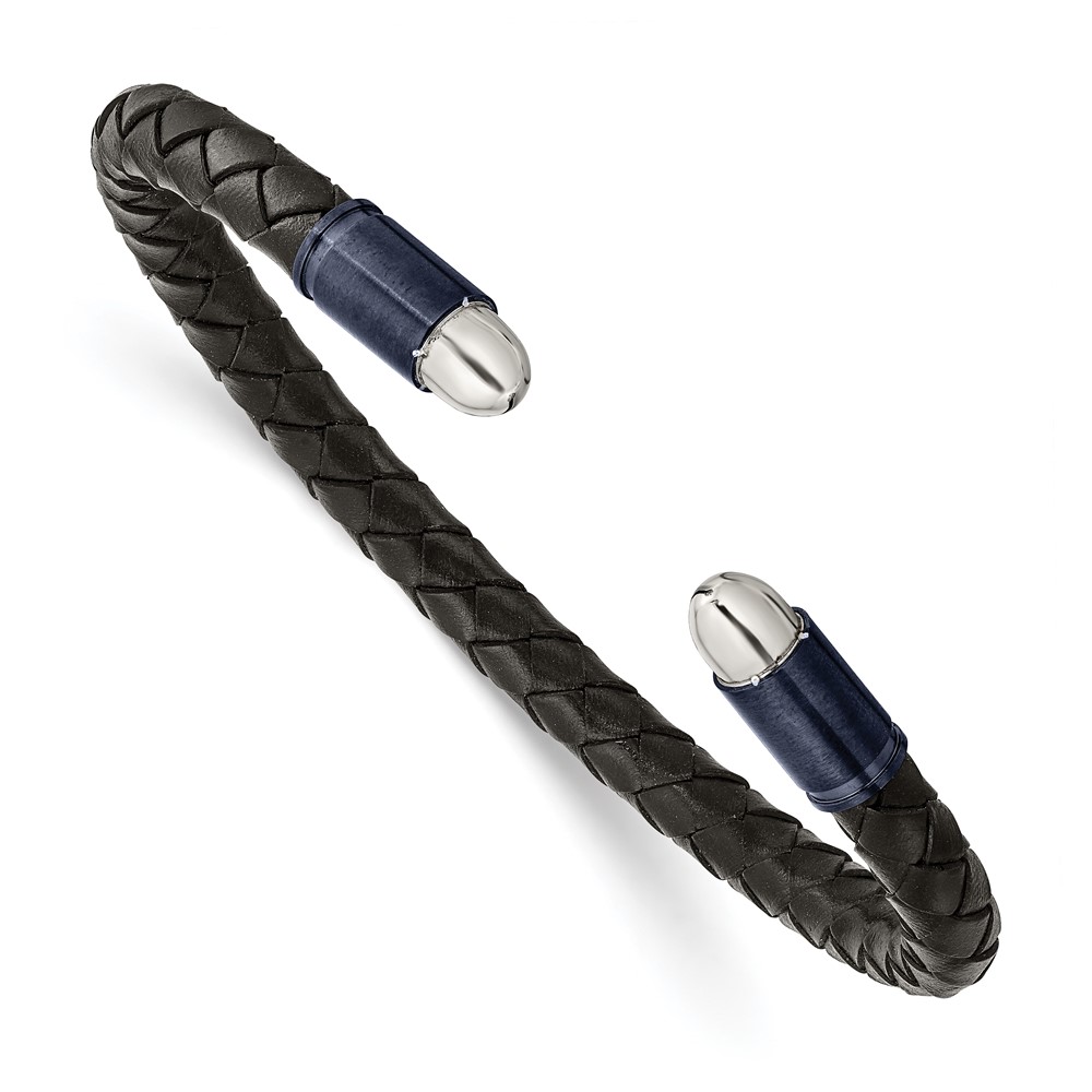 Stainless Steel Brushed &Polished Dark Grey IP Blk Leather Flexible Bangle