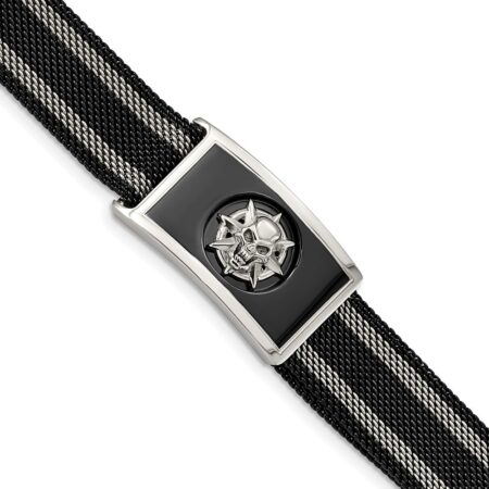 Stainless Steel Polished Black IP-plated Mesh Adj Magnetic Skull Bracelet
