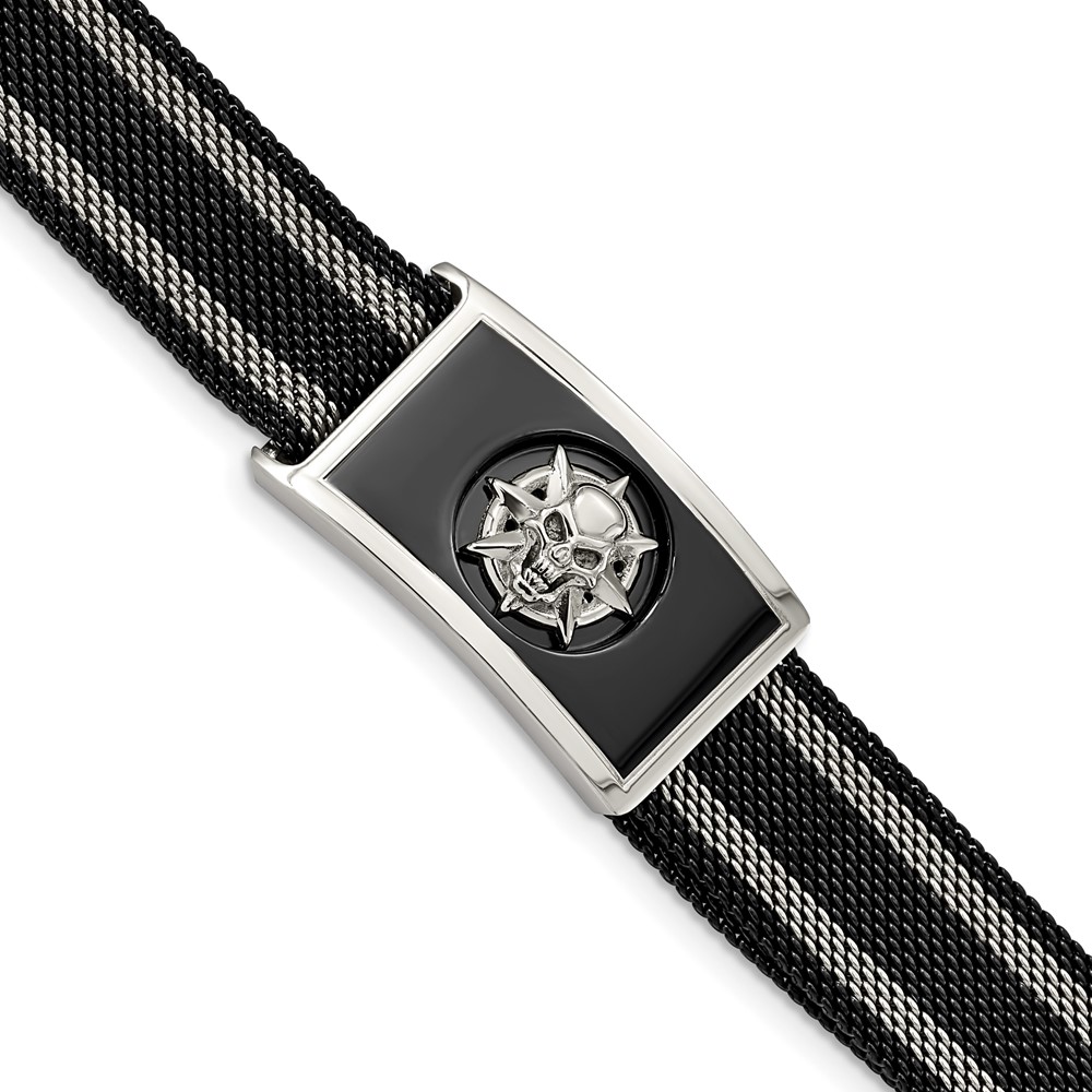 Stainless Steel Polished Black IP-plated Mesh Adj Magnetic Skull Bracelet