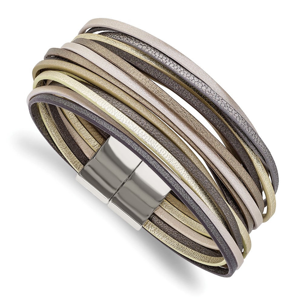 Stainless Steel Polished Multi-Strand Metallic Faux Leather 7.25in Bracelet