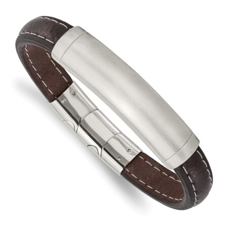Stainless Steel Brushed Dark Brown Leather 8in w/.5in ext. ID Bracelet