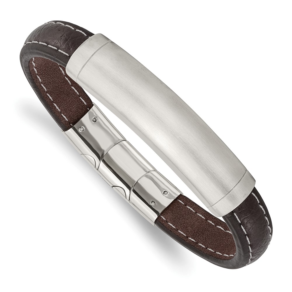 Stainless Steel Brushed Dark Brown Leather 8in w/.5in ext. ID Bracelet
