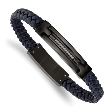 Stainless Steel Polished Black IP Navy Blue Leather w/.5in ext. Bracelet