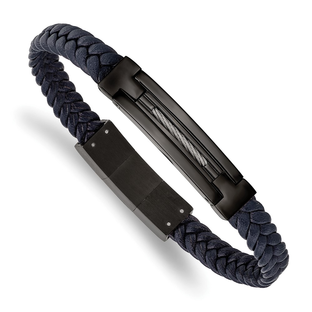Stainless Steel Polished Black IP Navy Blue Leather w/.5in ext. Bracelet