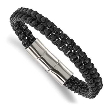 Stainless Steel Polished Black IP w/Black Cotton 8.5in w/.5in ext Bracelet