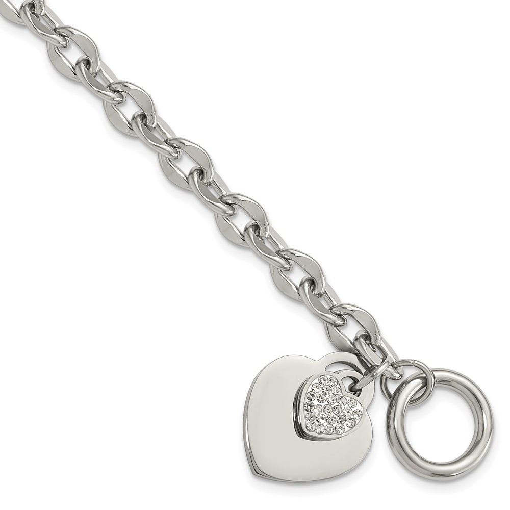 Stainless Steel Polished Two Hearts with CZ 7.5in Toggle Bracelet