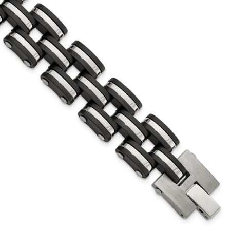 Stainless Steel Brushed and Polished Black Rubber 8in Bracelet