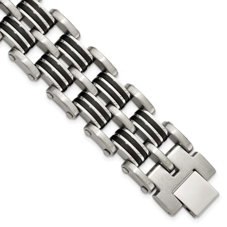 Stainless Steel Brushed and Polished Rubber 8.25in Bracelet
