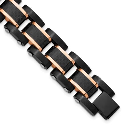 Stainless Steel Brushed Polished Black/Rose IP Carbon Fiber 8.5in Bracelet