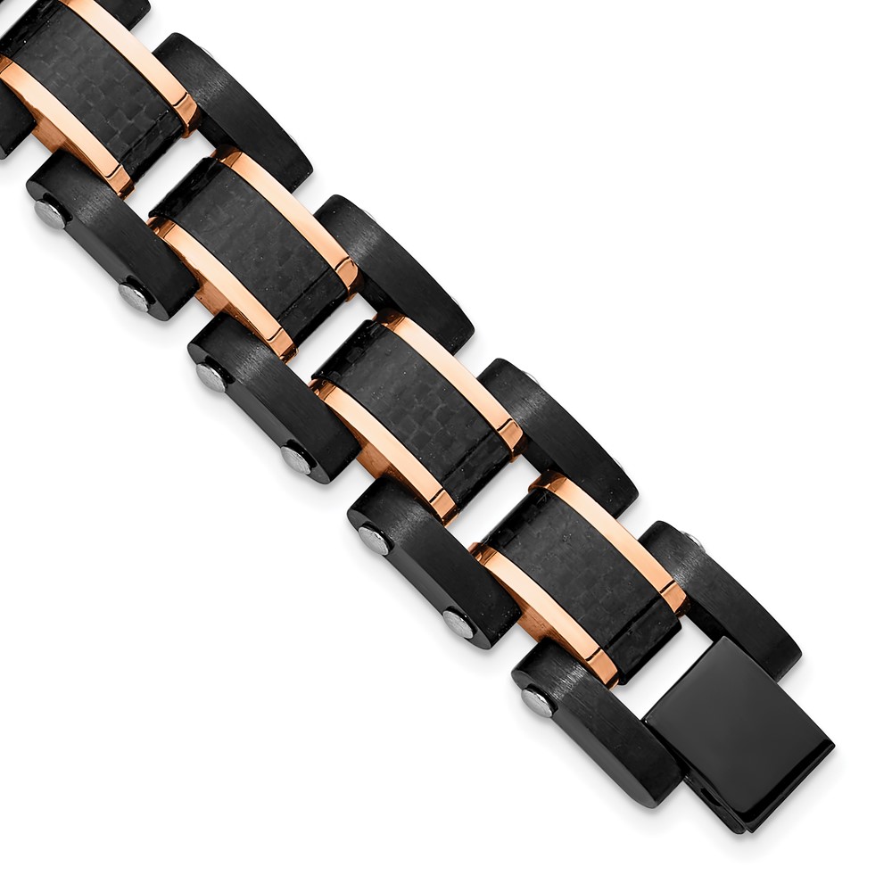 Stainless Steel Brushed Polished Black/Rose IP Carbon Fiber 8.5in Bracelet