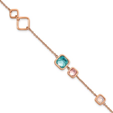 Stainless Steel Polished Rose IP Multicolor Crystal w/1in ext. 7.5in Bracel