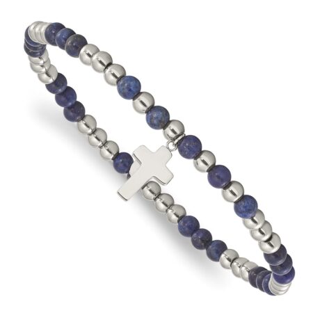 Stainless Steel Polished Lapis Beaded Cross Stretch Bracelet