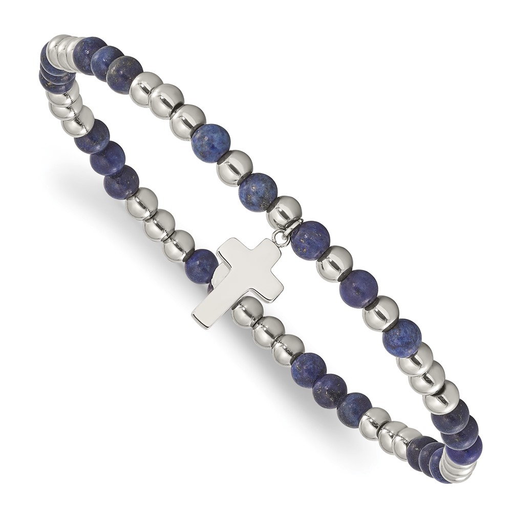 Stainless Steel Polished Lapis Beaded Cross Stretch Bracelet