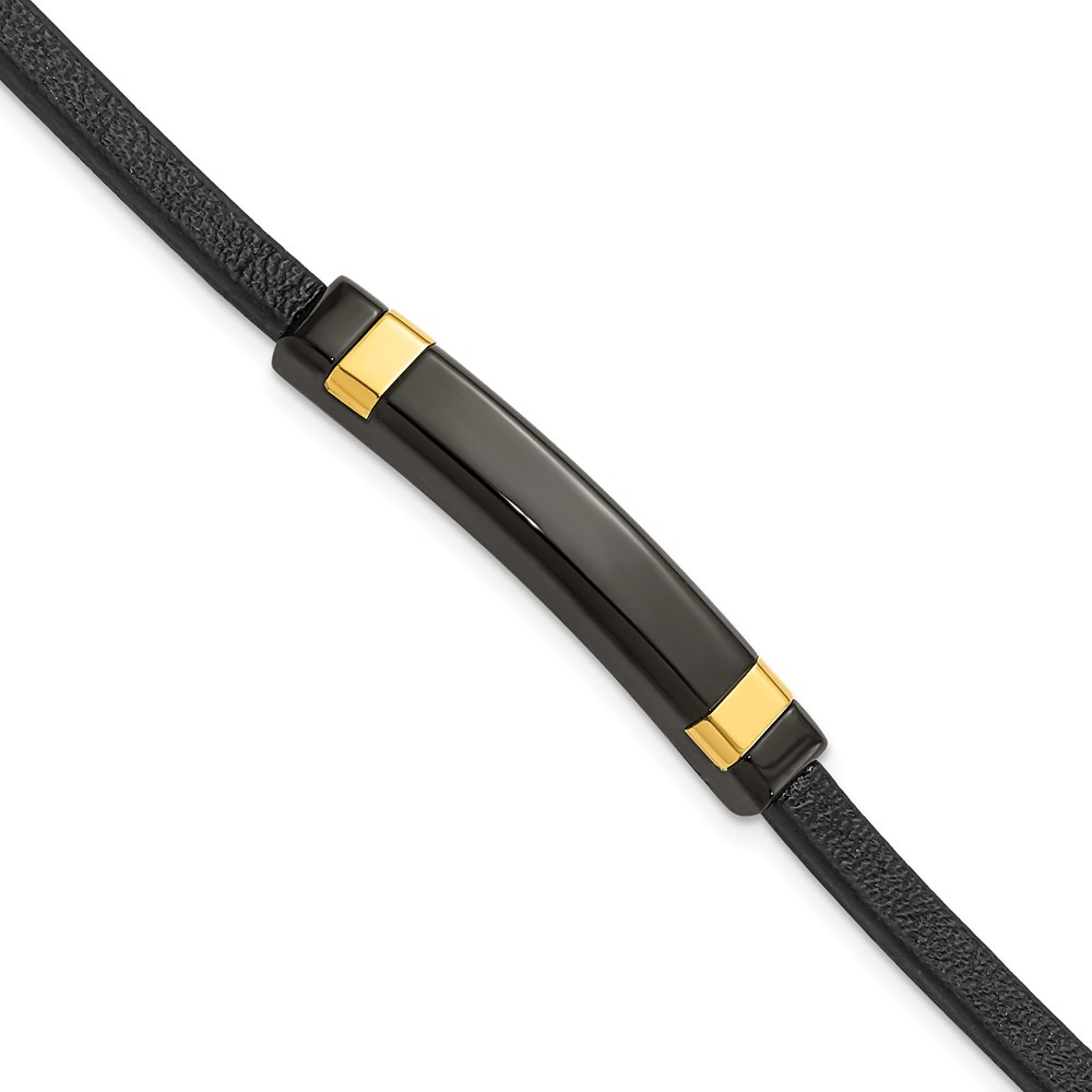 Stainless Steel Polished Black/Yellow IP Black Leather 8.5in Bracelet