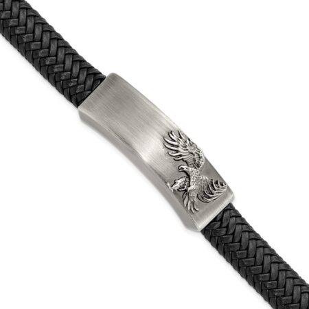 Stainless Steel Brushed Antiqued Leather Eagle 8.5in ID Bracelet