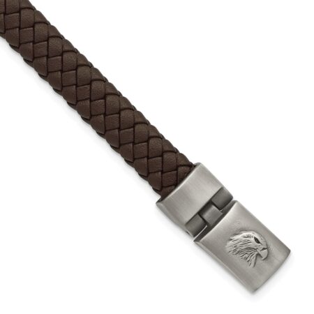 Stainless Steel Brushed Antiqued Leather 8.75in Bracelet