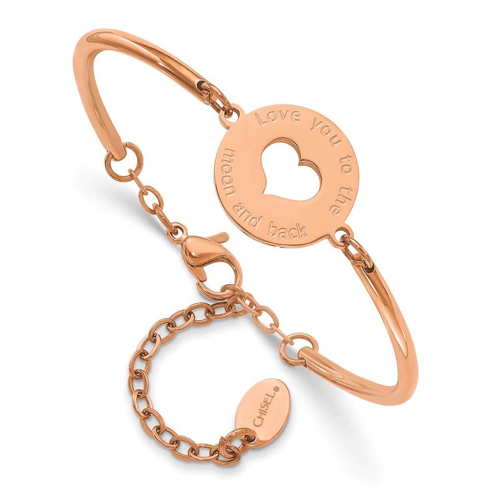 Stainless Steel Polished Rose IP LOVE YOU TO THE MOON Heart Bracelet