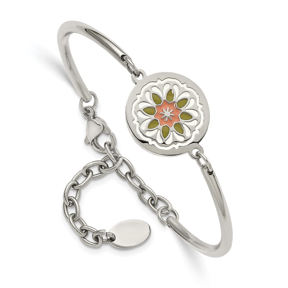 Stainless Steel Polished Enameled Flower 5.5in w/2in ext Bracelet