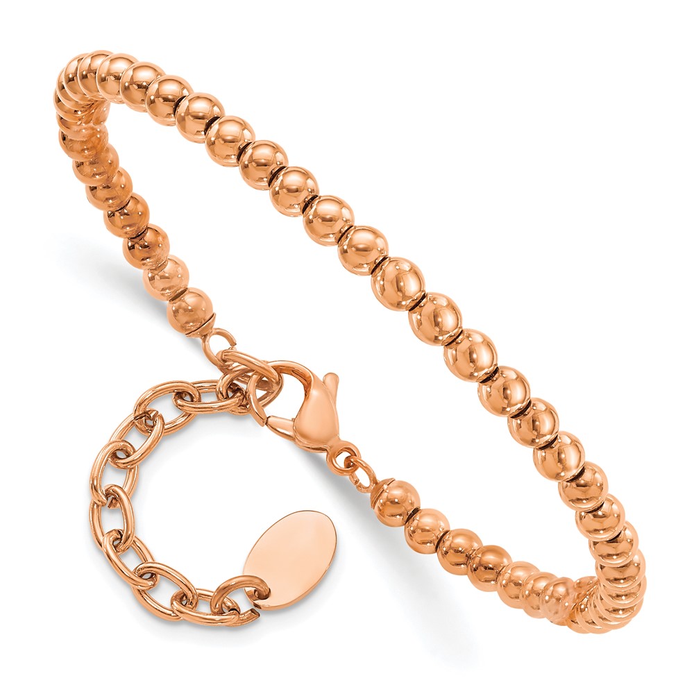 Stainless Steel Polished Rose IP Beaded 6.5in w/1.5in ext Bracelet