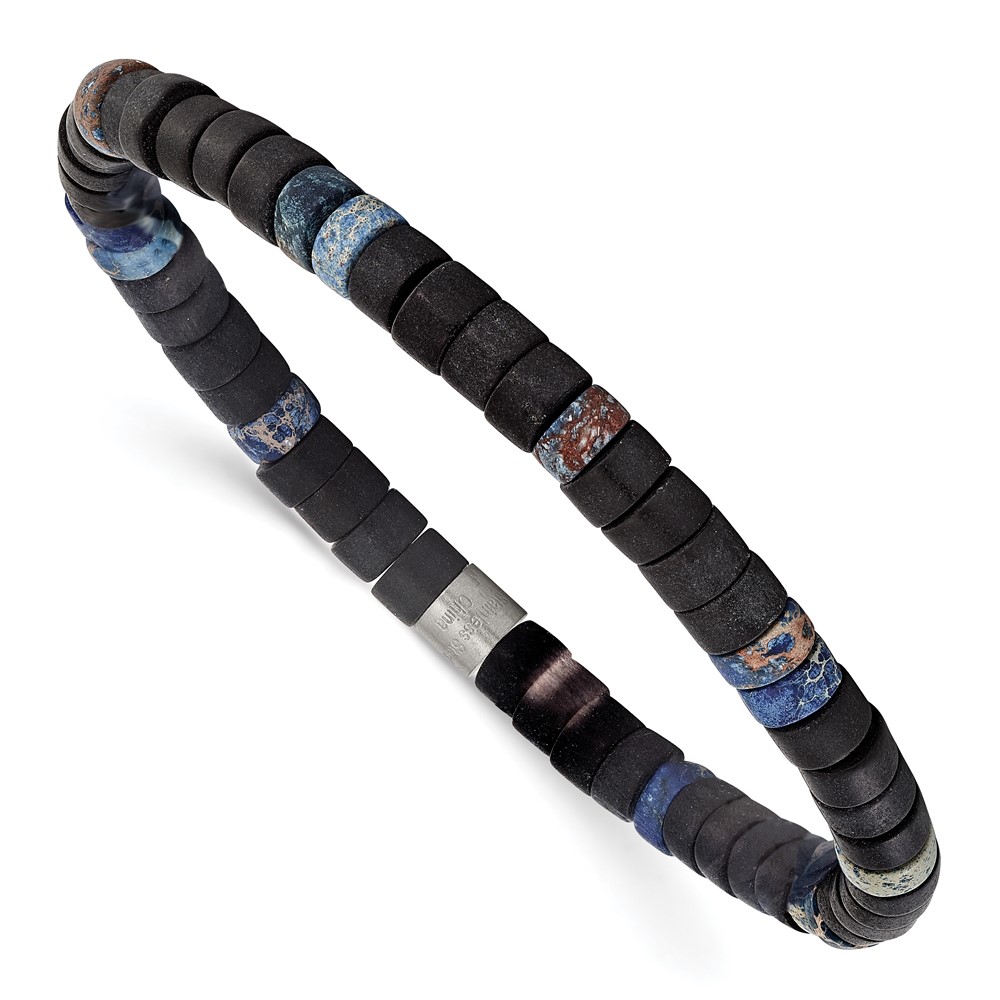 Stainless Steel Brushed Blue Sediment/Black Agate Stretch Bracelet