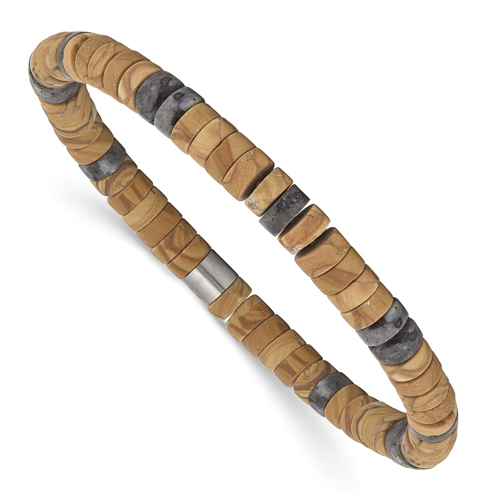 Stainless Steel Grain Stone/Black Spectrolite Stretch Bracelet