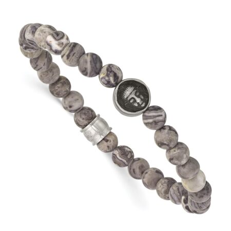 Stainless Steel Brushed Antiqued Map Stone Buddha Stretch Bracelet