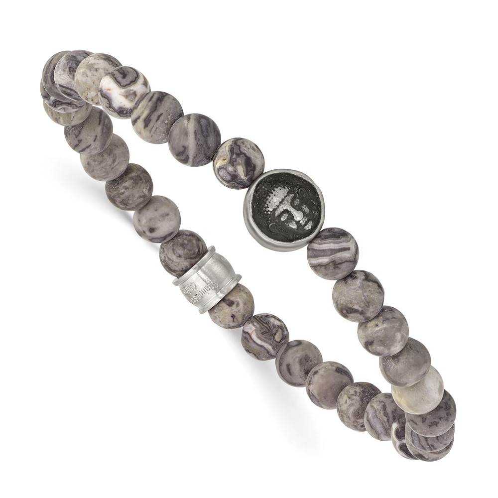 Stainless Steel Brushed Antiqued Map Stone Buddha Stretch Bracelet