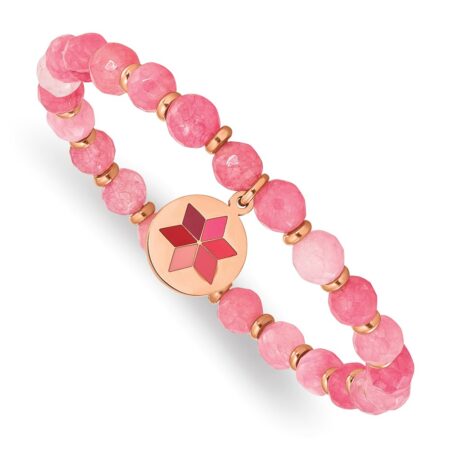 Stainless Steel Polished Rose IP Enameled Pink Agate Stretch Bracelet