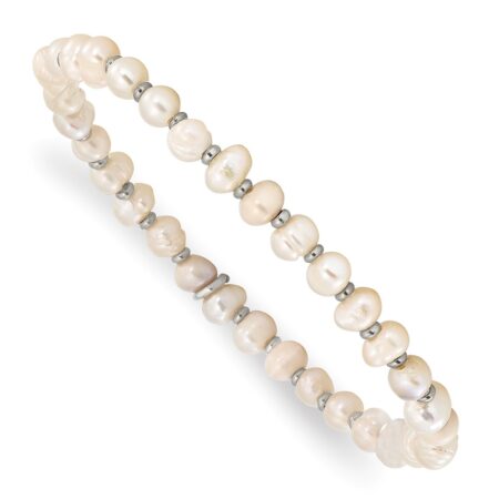 Stainless Steel Polished w/Freshwater Cultured Pearl Stretch Bracelet