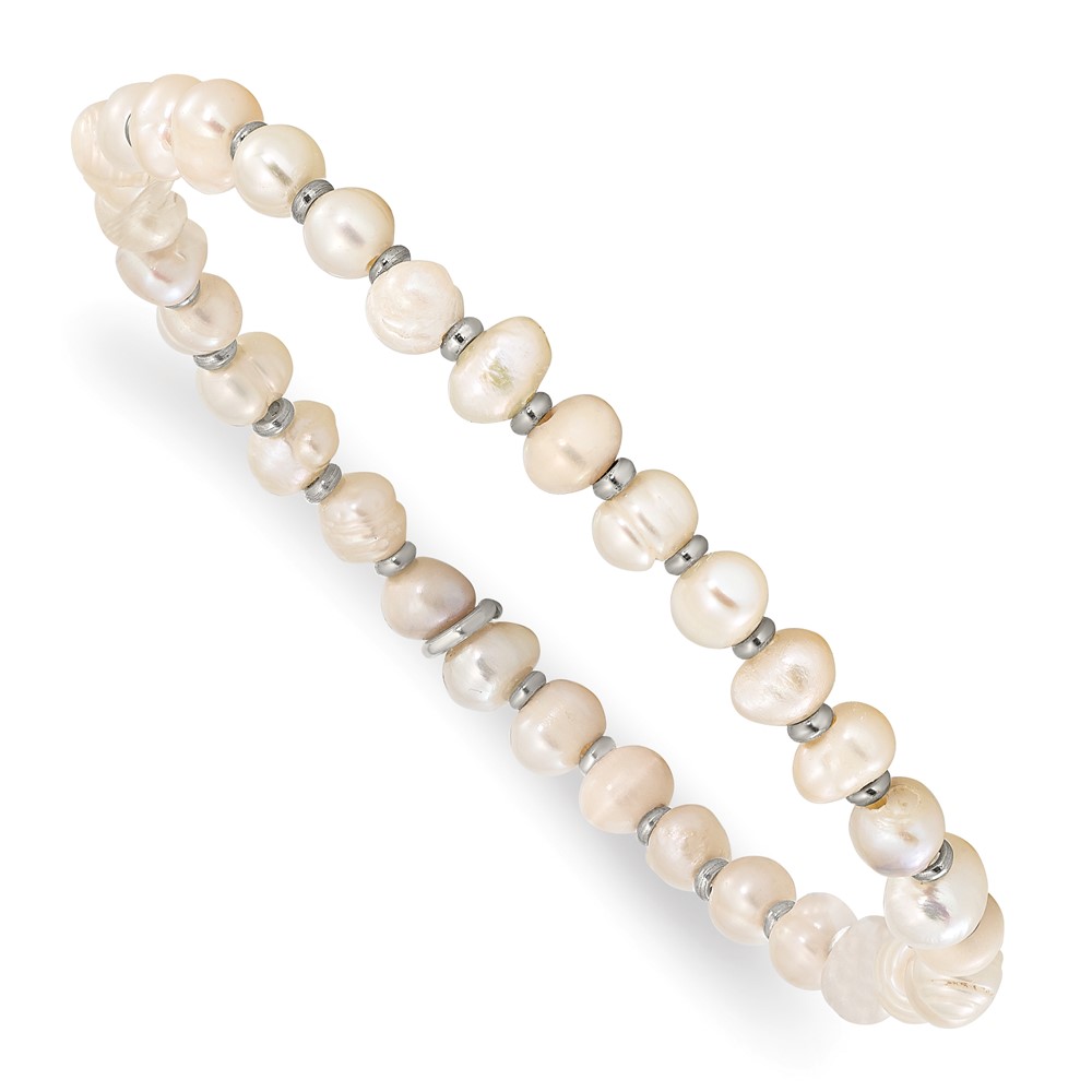 Stainless Steel Polished w/Freshwater Cultured Pearl Stretch Bracelet