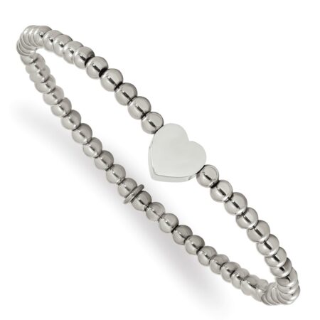 Stainless Steel Polished Heart Beaded Stretch Bracelet
