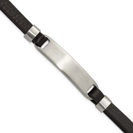 Stainless Steel Brushed Black Leather 8in w/ .5in ext. ID Bracelet