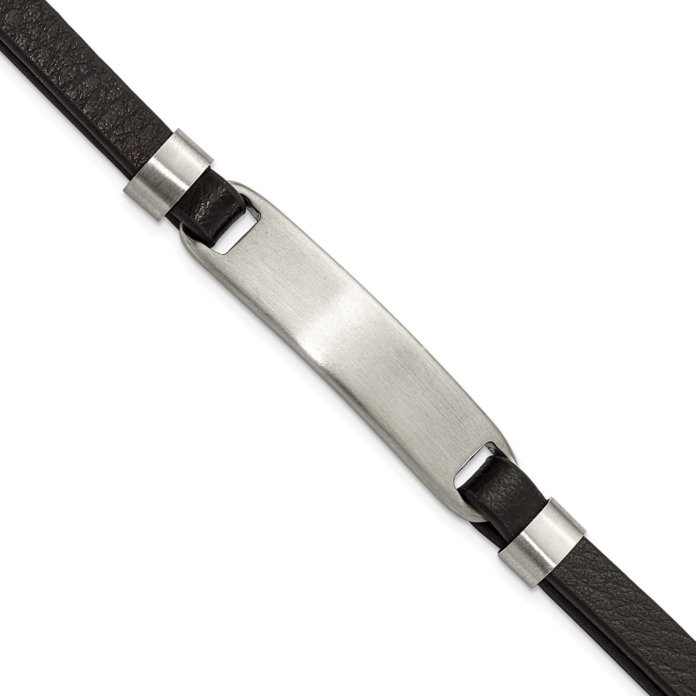 Stainless Steel Brushed Black Leather 8in w/ .5in ext. ID Bracelet