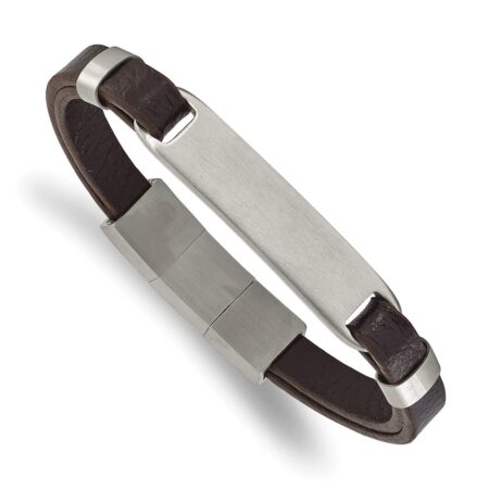 Stainless Steel Brushed Brown Leather 8in w/ .5in ext. ID Bracelet